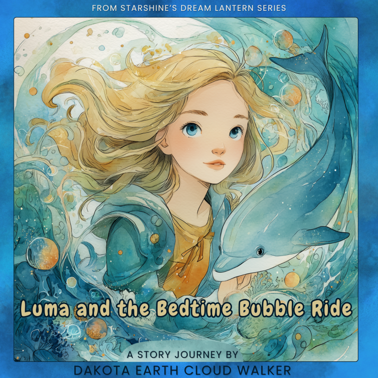 A gentle underwater scene of a young girl with long blonde hair, riding a glowing bubble beside a smiling dolphin. Soft coral shapes and drifting jellyfish surround them in a dreamy, moonlit sea.