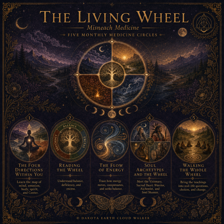 The Living Wheel is a contemporary spiritual framework for understanding your inner patterns, moving with life’s natural cycles, and living in deeper relationship with yourself, others, and the living world.