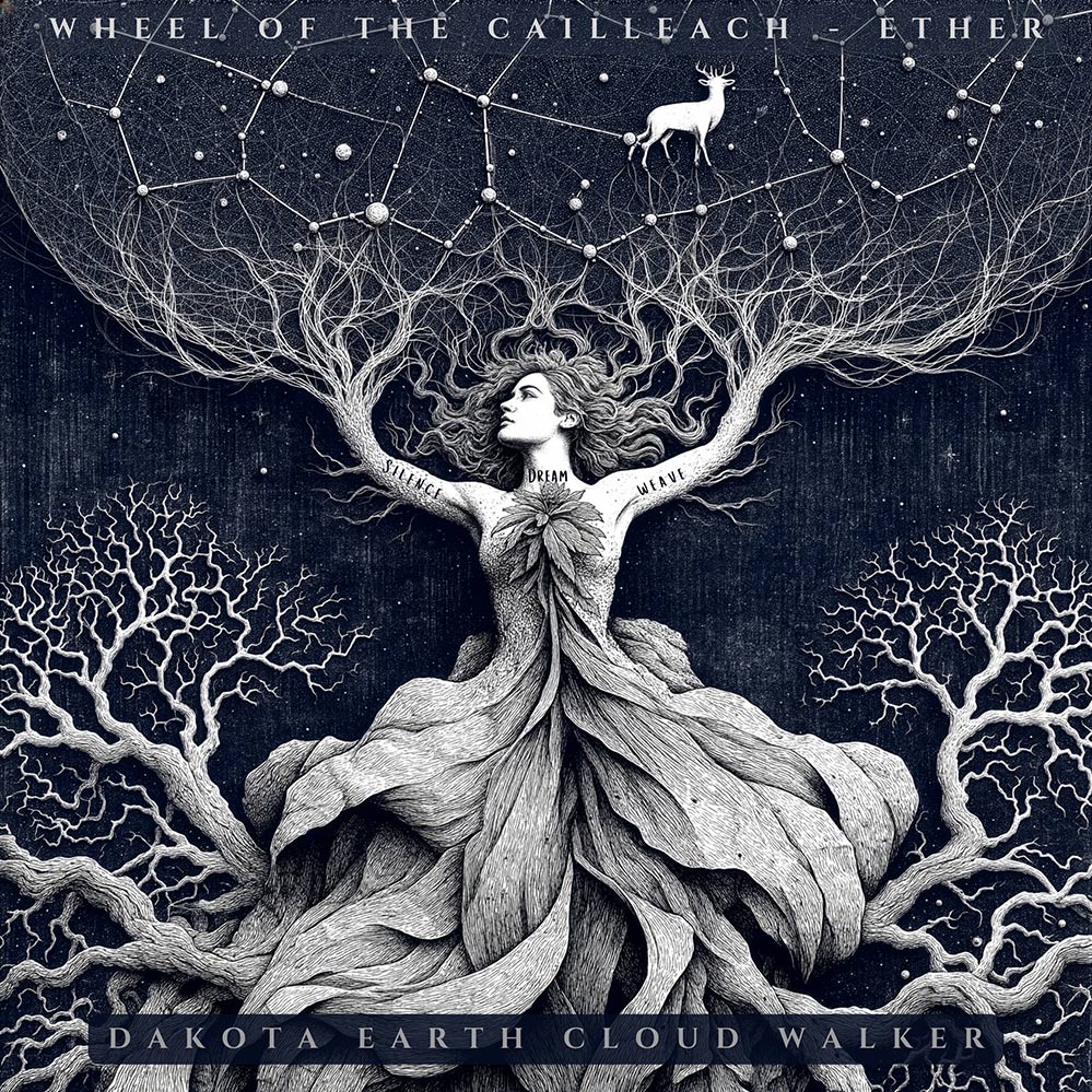 Album art of the Cailleach and stag reaching to the ethers - Wheel of the Cailleach - Ether - Dakota Earth Cloud Walker