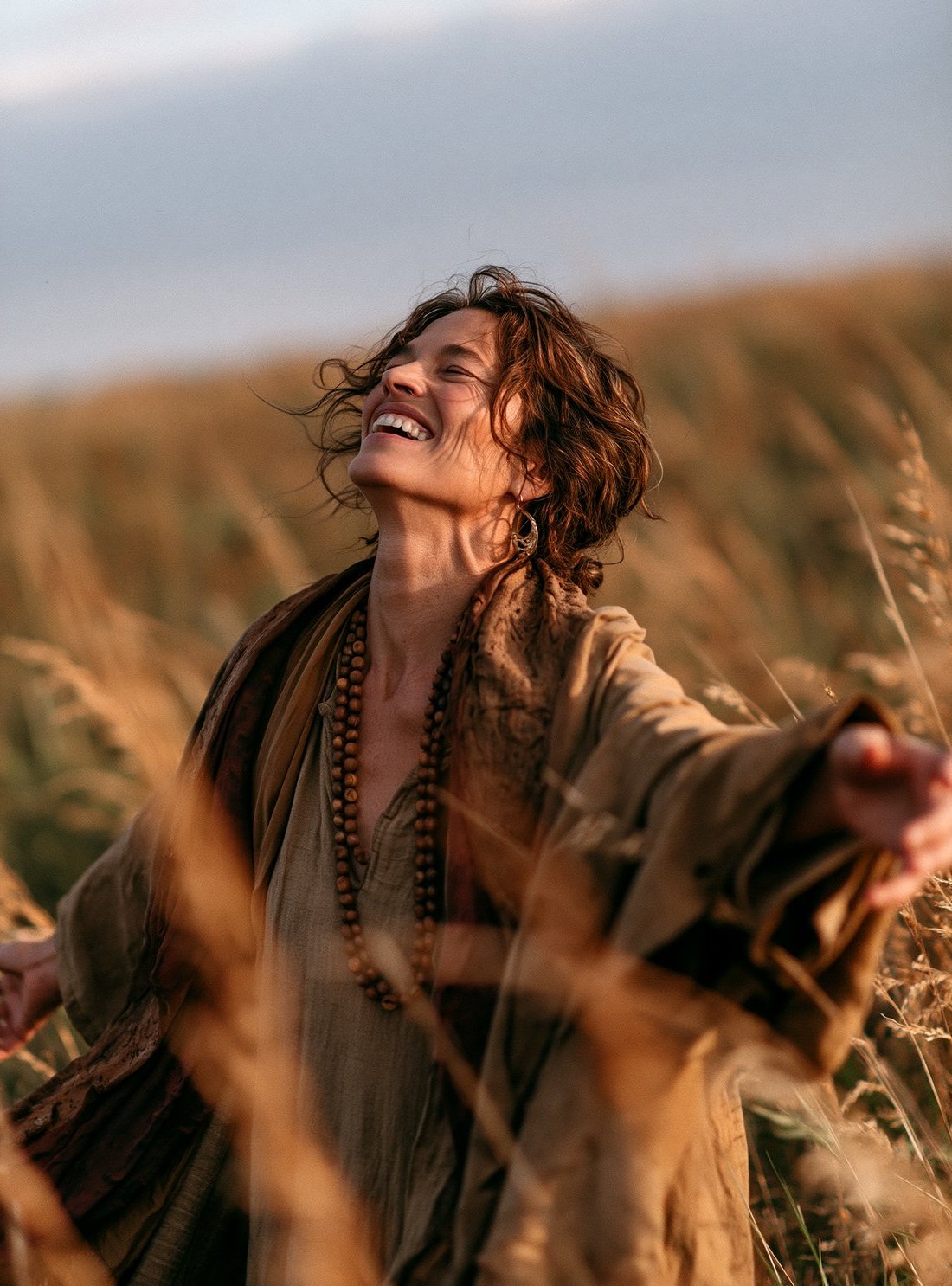 A woman laughing with her arms open in tall golden grass