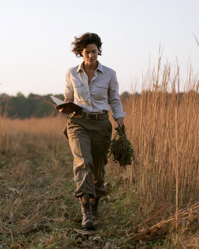 A woman walking a golden field with a notebook and a bundle of herbs