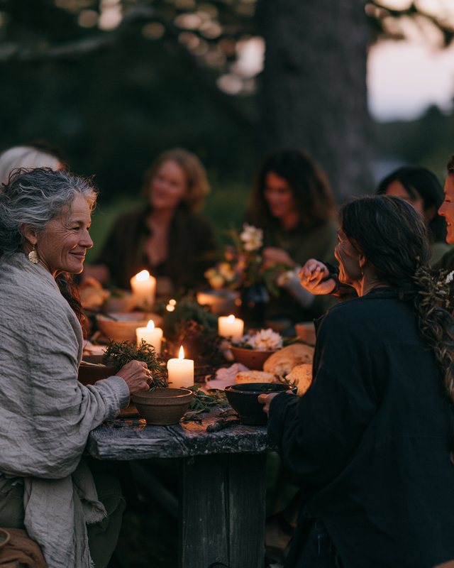 Women around a candlelit table under trees