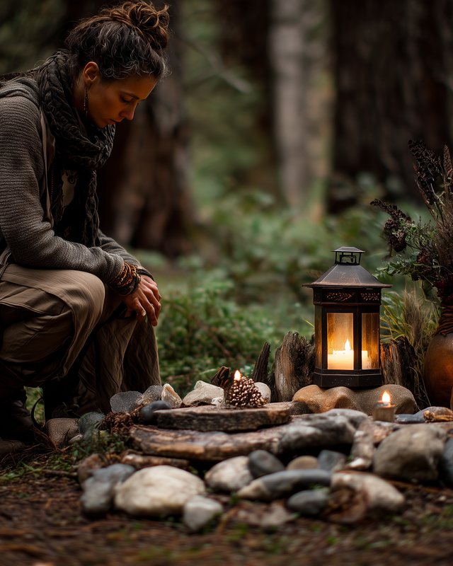 A woman kneeling at a lantern-lit stone altar in the woods