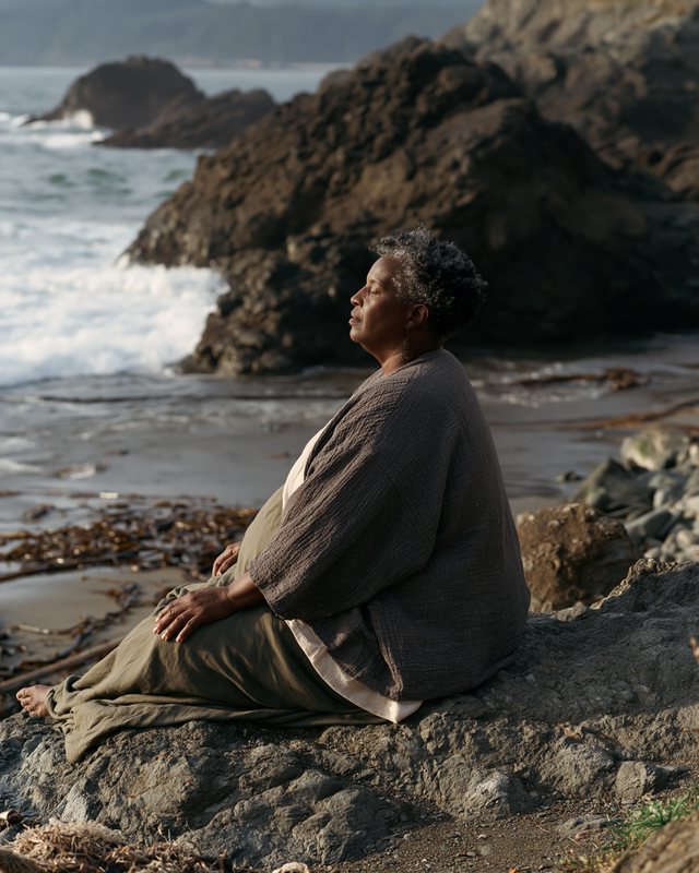 A woman sitting on rock at the edge of the sea