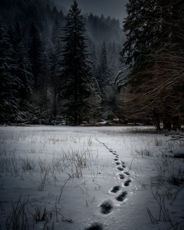 A line of small footprints crossing snow toward the treeline