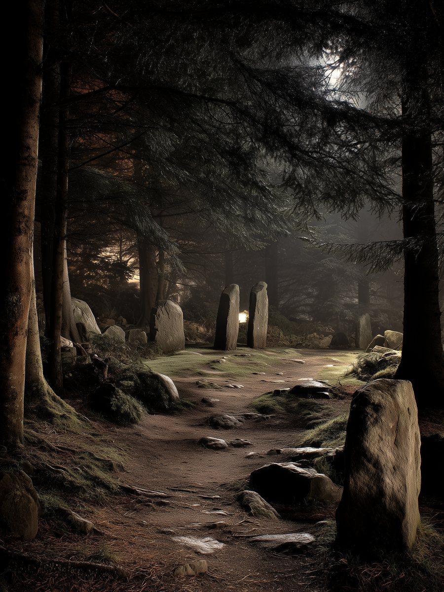 A circle of standing stones under moonlight