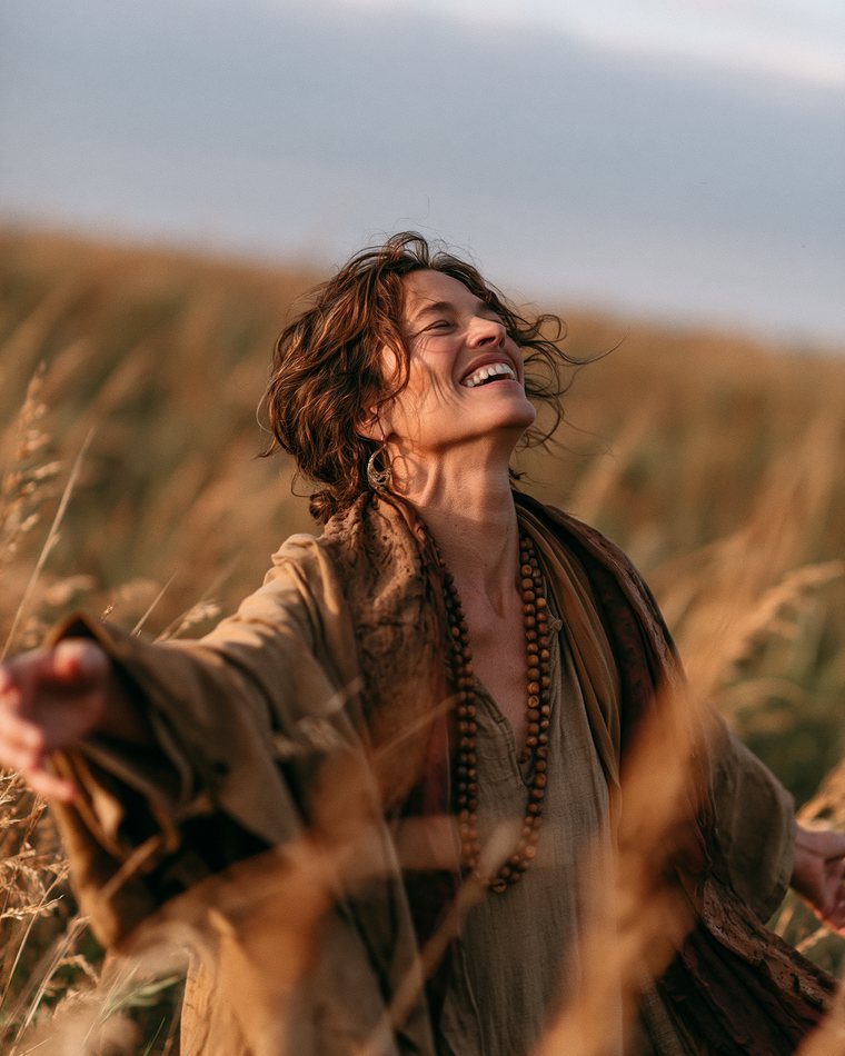 A woman spinning with her arms out in tall golden grass