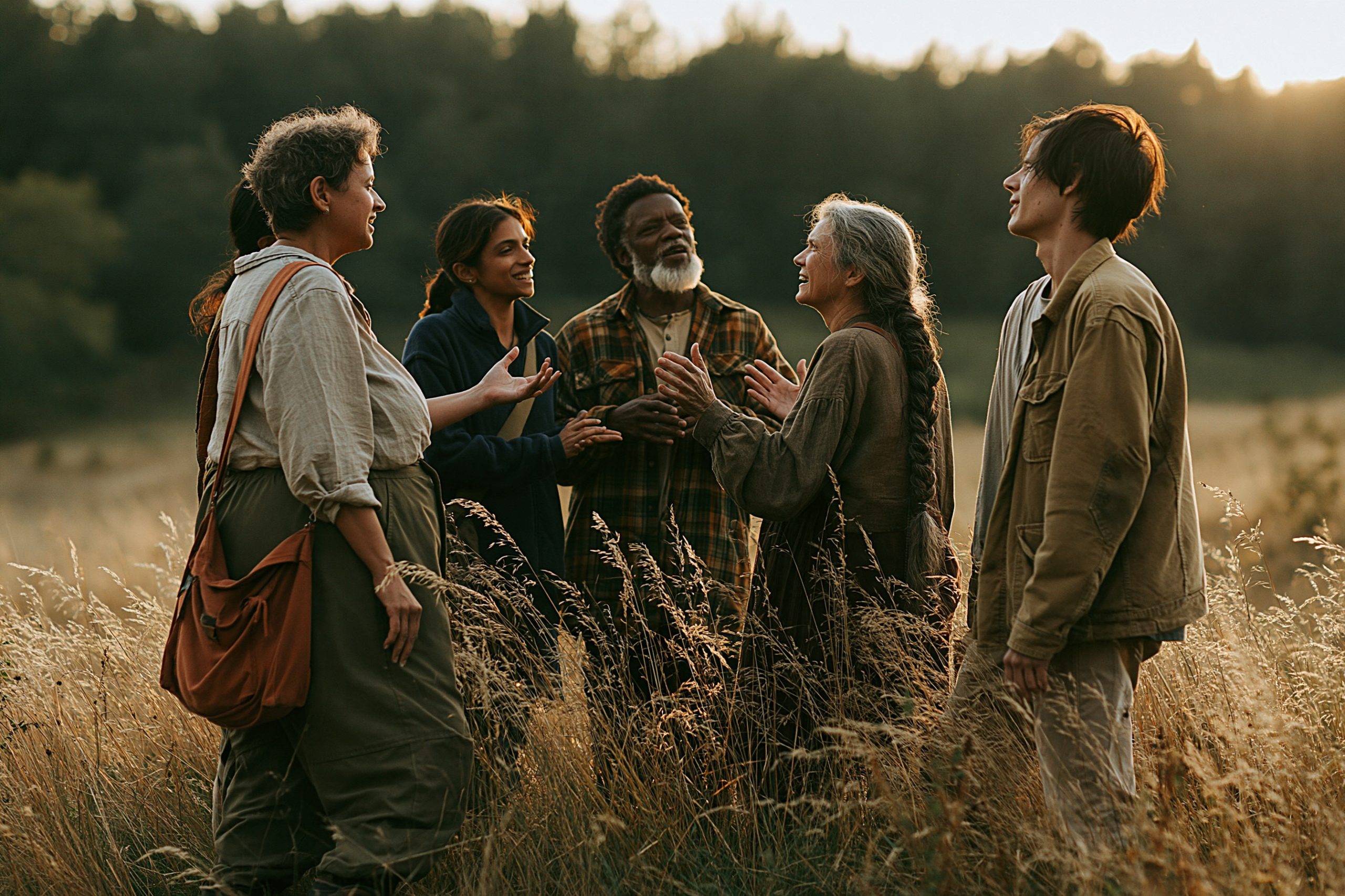 A circle of friends talking together in golden grass at dusk